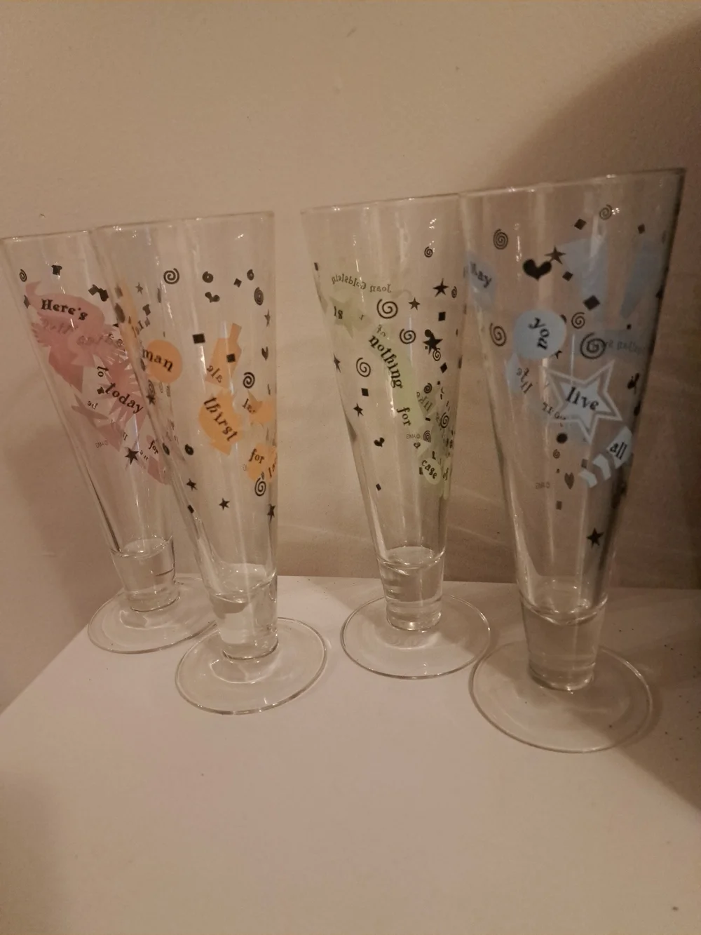 Vtg Decorative Glassware Set - Orange, Green,Blue, Pink Accent Pilsner Flutes 9